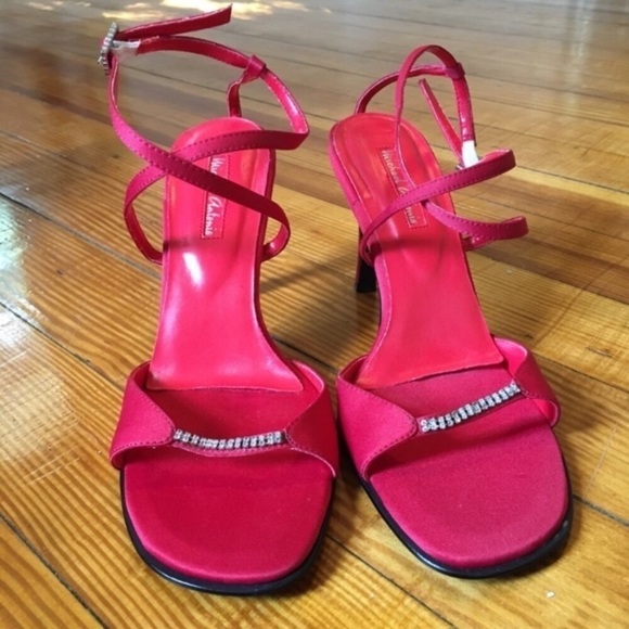 Michael Antonio Red Strappy Satin Rhinestone Heels - Picture 1 of 9